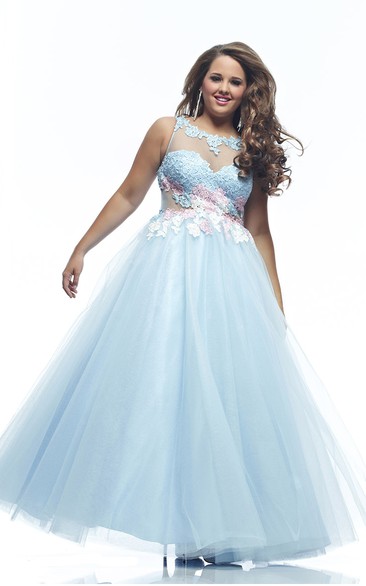 A-line Floor-length Bateau Sleeveless Tulle Appliques Pleats Illusion Dress