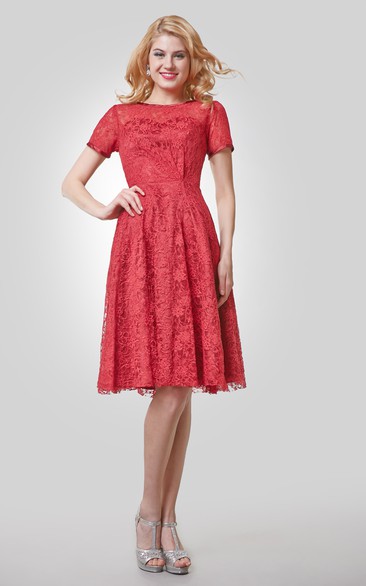 Short Sleeve Knee Length Lace A-Line Dress With Bateau Neck