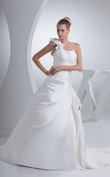 Flowered One Shoulder Ruched Satin Dress With Side Draping and Ruffles