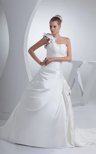 Flowered One Shoulder Ruched Satin Dress With Side Draping and Ruffles