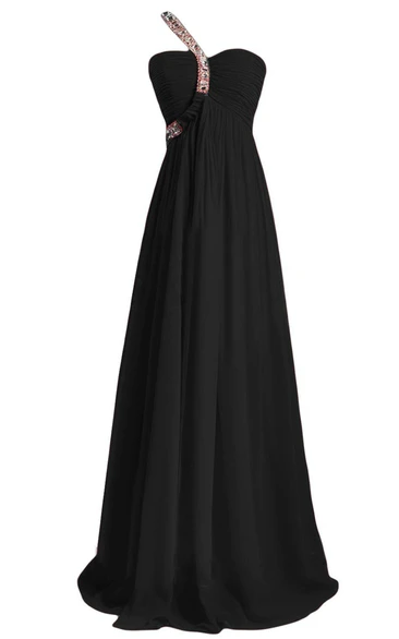 One-shoulder A-line Chiffon Gown With Crystals