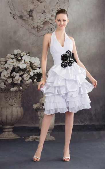 Plunged Midi Pick-Up Dress With Flower With Tiers