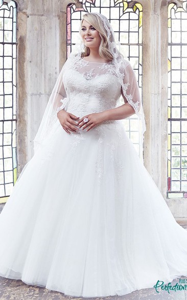 Ball Gown Scoop-Neck Sleeveless Long Tulle Plus Size Wedding Dress With Appliques And Brush Train