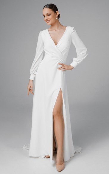 Sexy A Line Chiffon V-neck Sweep Train Wedding Dress with Split Front