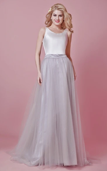 Sleeveless Long Tulle and Satin Dress With Pleats