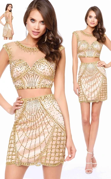 Pencil Short Scoop-Neck Sleeveless Illusion Dress With Beading