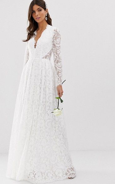 Ethereal Lace and Chiffon Long Sleeve Keyhole Wedding Dress