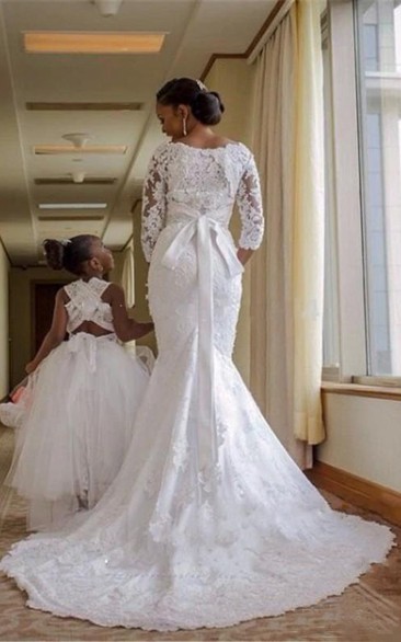 Modest Plus Size Mermaid Lace Long Sleeves Bridal Gown with Sash