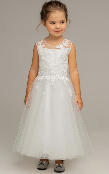 Simple Bateau A Line Tulle Ankle-length Sleeveless Flowergirl Dress with Ruching