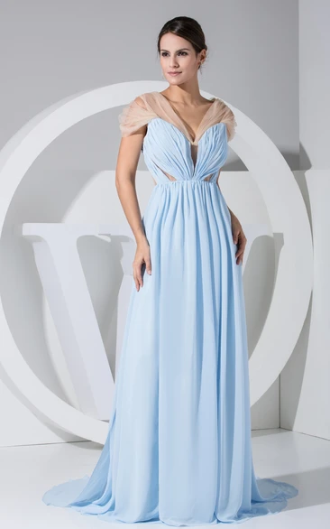 Chiffon Sleeveless Pleated Long Dress With Tulle Wrap