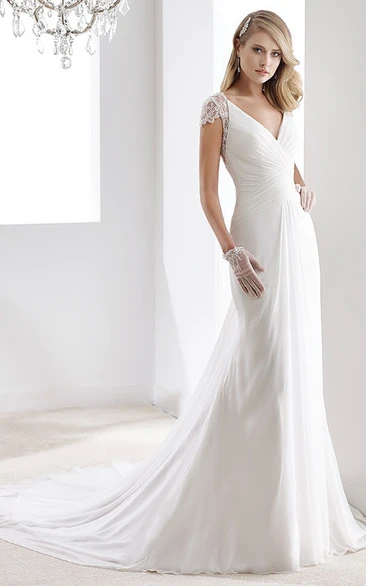 V-Neck Sheath Chiffon Wedding Dress With Bandage Waist And Illusive Sleeves And Back