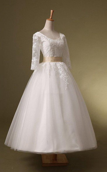Short 3-4 Sleeve Corset Back Tulle Lace Dress