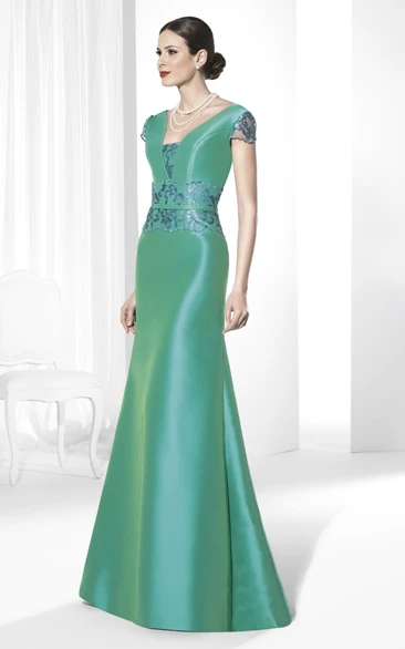 Embroidered Cap-Sleeve Satin Prom Dress