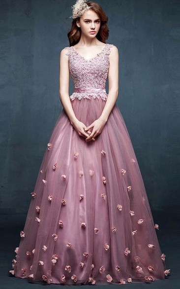 A-line V-neck Sleeveless Appliques Flower Tulle Dress