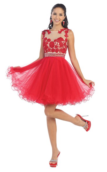 A-Line Short Scoop-Neck Sleeveless Tulle Illusion Dress With Ruffles And Appliques