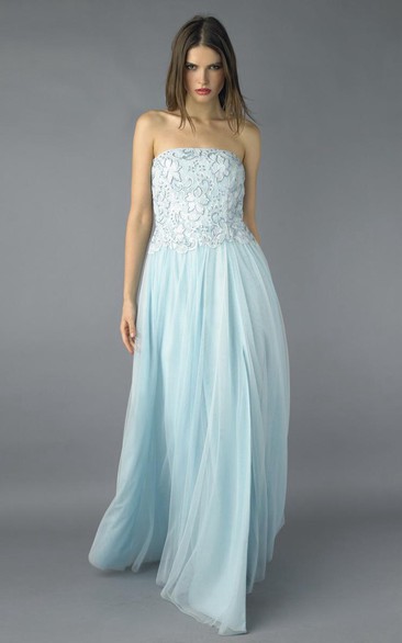 A-line Floor-length Strapless Sleeveless Tulle Zipper Dress