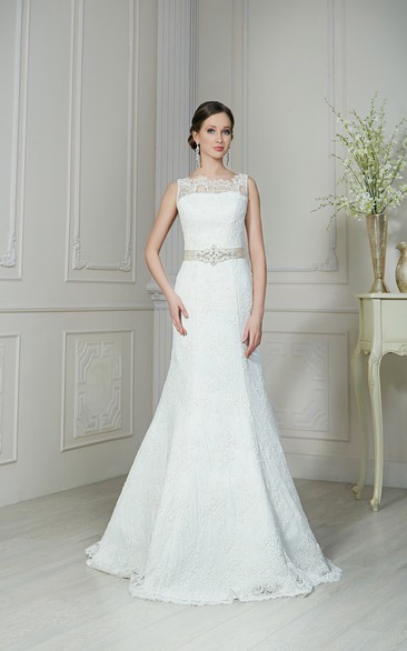 Trumpet Floor-Length Jewel-Neck Sleeveless Corset-Back Lace Dress With Sash And Beading