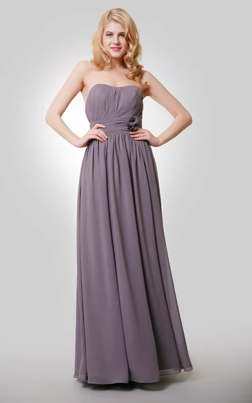 Chiffon A-Line Floor Length Dress With Flower and Pleat