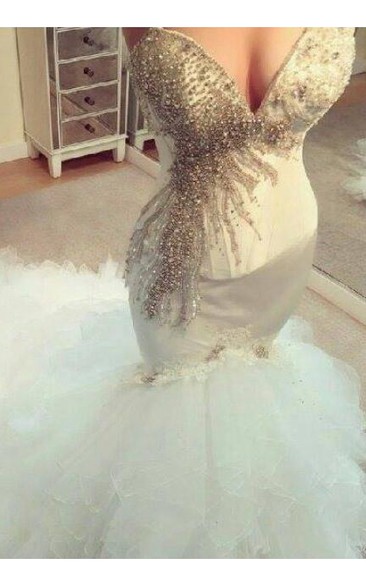 Glamorous Mermaid Beadings Tulle Wedding Dress Long Train