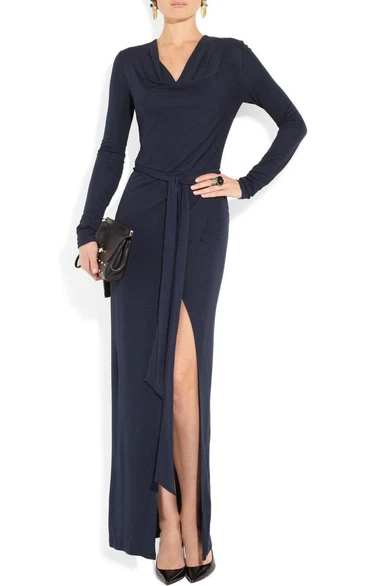 V Neck Long Sleeve Sheath Jersey Long Dress With Sash and Split