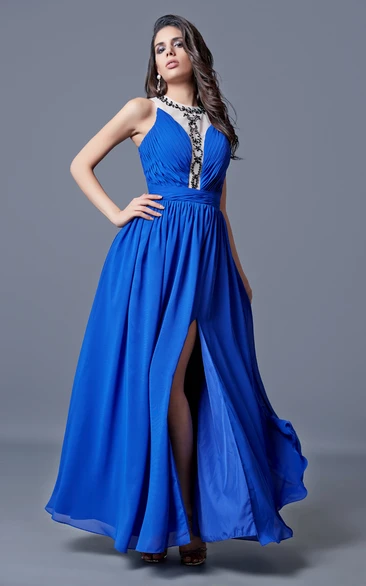 Sleeveless Long Chiffon A-line Dress With Side Split