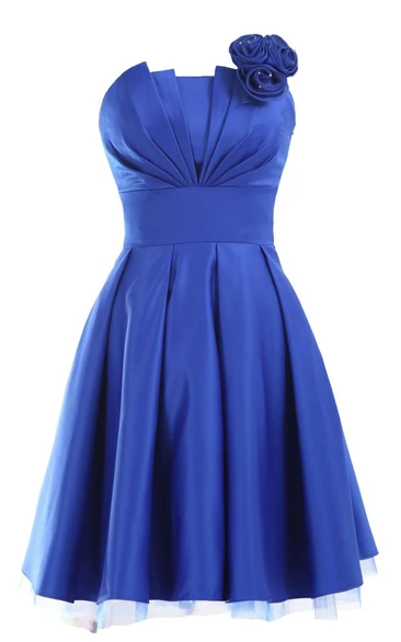 Strapless Appliqued Ruched Bodice Short Pleated Satin Dress