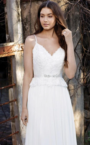 Jeweled Spaghetti Floor-Length Chiffon Wedding Dress With Appliques And Deep-V Back