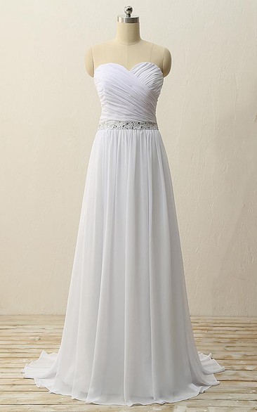 Floor-Length Sweetheart Pleats Beading Zipper Chiffon Dress