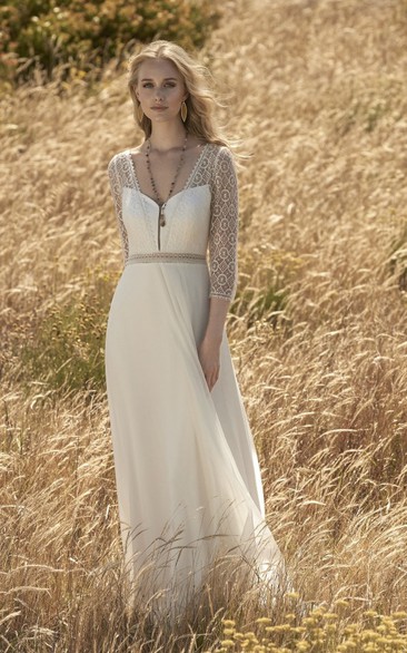 3/4 Sleeve Elegant Chiffon Wedding Dress With Lace Top And Keyhole Back