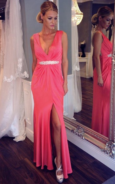 Sleeveless V-neck Long Sheath Dress with Beadings