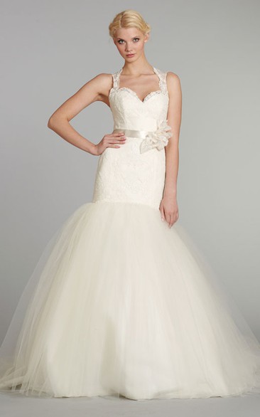 Sexy Sleeveless Lace Bodice Tulle Dress With Keyhole Back