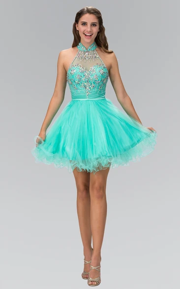 A-Line Short High Neck Sleeveless Tulle Straps Dress With Beading And Ruffles