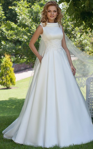 A-Line High Neck Sleeveless Satin Wedding Dress With Lace And Lace Up