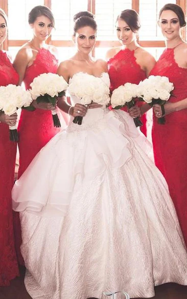 Sexy Halter Sleeveless Mermaid Red Bridesmaid Dress Sweep Train