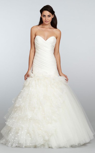 Captivating Asymmetrical Ruched Bodice Tulle Dress With Organza Petals