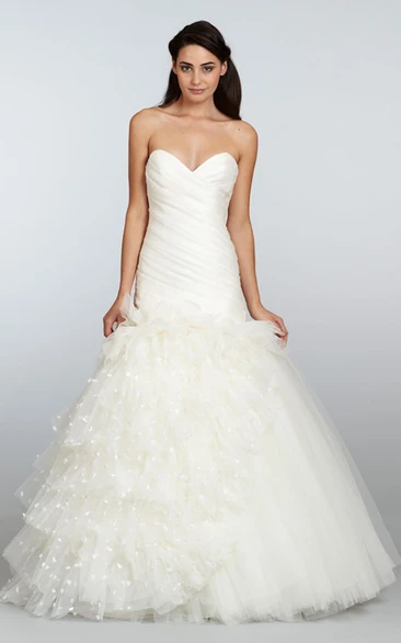 Captivating Asymmetrical Ruched Bodice Tulle Dress With Organza Petals