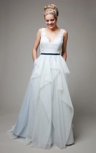 V-Neck Sleeveless Low-V Back Long Tulle Wedding Dress With Sash And Ruffles