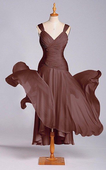 Exquisite A-line Tea-length Ruched Chiffon Dress