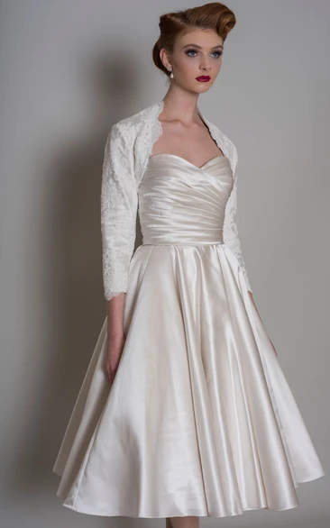 A-Line Sweetheart Criss-Cross Midi Satin Wedding Dress With Cape