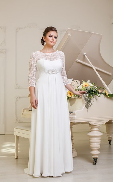 A-Line Long Jewel-Neck Illusion-Sleeve Empire Corset-Back Chiffon Dress With Beading And Pleatings