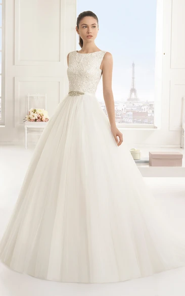 Lacy Bodice Gown With Bows At Back And Beaded Sash