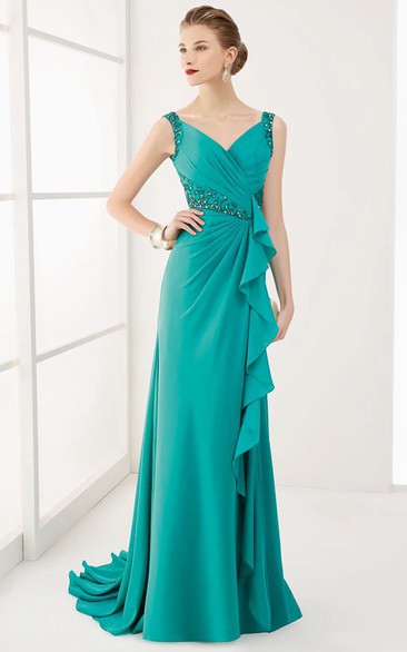 V Neck V Back Crystal Waist Long Prom Dress With Ruffles And Brush Train