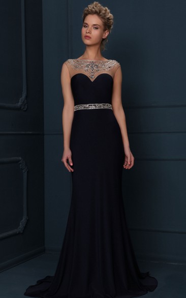 Cap Sleeve Jewel Neck Beaded Jersey Evening Dress