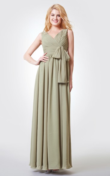 V-neck V-back Ruched A-line Long Chiffon Dress