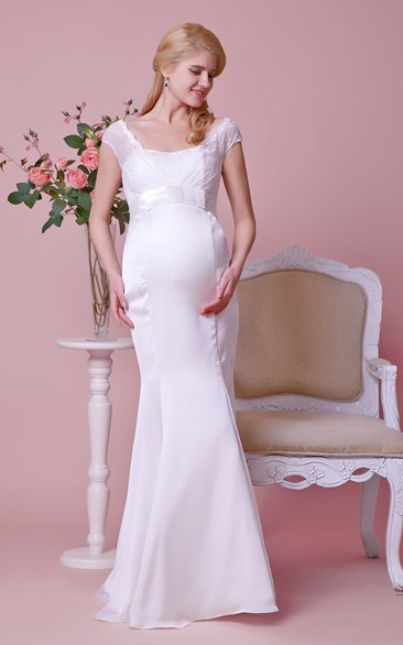 Cap-sleeved Empire Mermaid Satin Long Dress With Bows and Lace Bodice