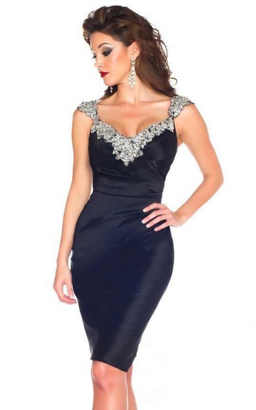 New Sexy Cap Sleeve Scoop Neck Crystals Beadings Satin Sheath Short Dresses