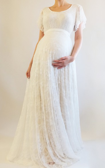 A-line Bat Short Sleeve Empire Maternity Wedding Dress