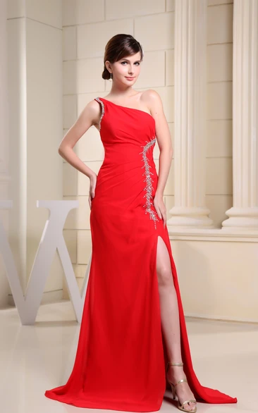 Asymmetrical Chiffon Beaded Dress With Side Draping