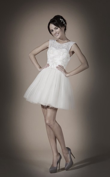 A-Line Mini Scoop Sleeveless Keyhole Tulle Dress With Appliques