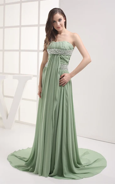 Chiffon Pleated Floor-Length Sleeveless Rhinestone and Dress With Ruching